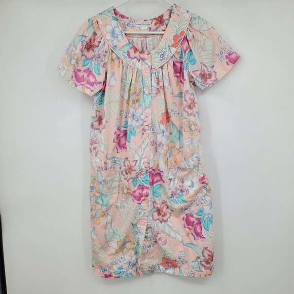 Miss Elaine Button Front Short Sleeved Floral Print Nightgown Dress Small - Picture 1 of 9